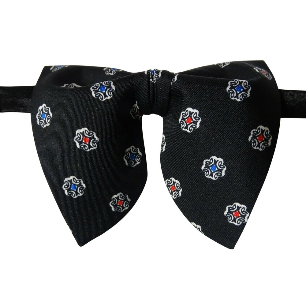 Mens Black Floral Medallion Pre-Tied Bow Tie Diamond Tip Adjustable Formal Wear